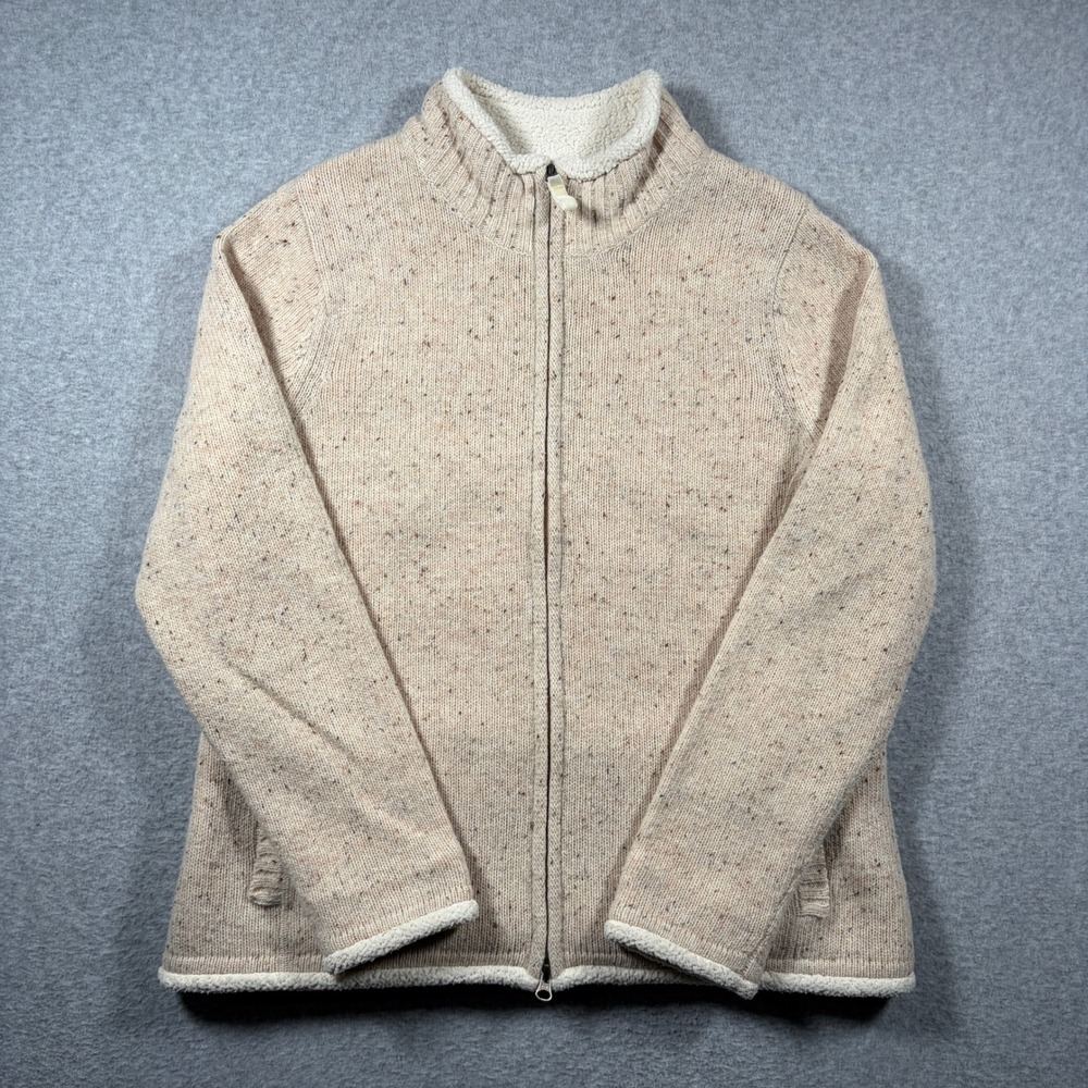 LL Bean Sherpa Lined Lambswool Sweater Jacket Womens Medium Beige Full Zip